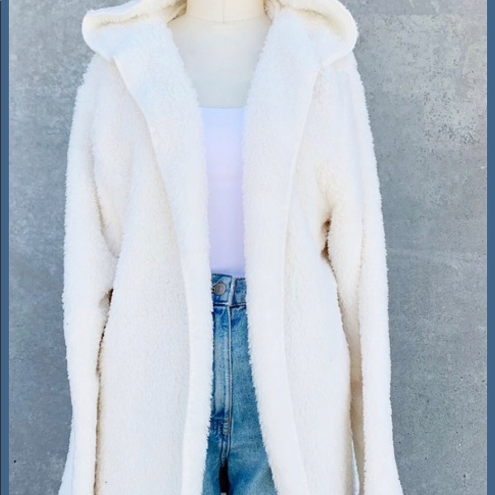 IVORY-OPEN FRONT TEDDY CARDIGAN TOP WITH HOODIE